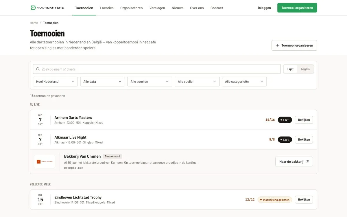 Toernooioverzicht met filters op plaats, datum, spel en spelvorm