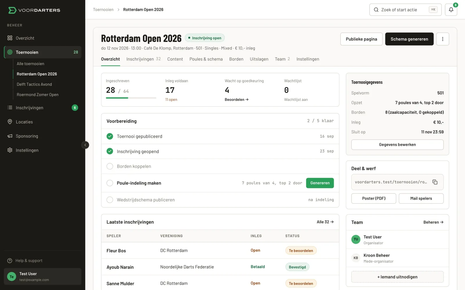Organisatorendashboard met inschrijvingen en betaalstatus van een toernooi