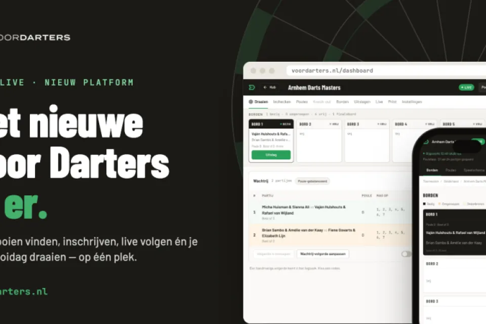 Het nieuwe Voor Darters is er: het dashboard voor organisatoren en de live pagina op een telefoon