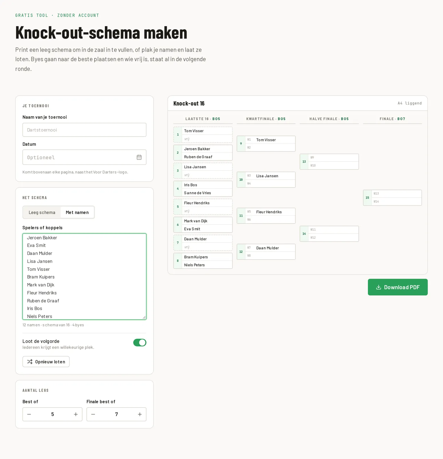 Knock-out schema van 16 met geloote namen, vrije plekken bij de byes, best of 5 en een finale best of 7, met de knop Download PDF