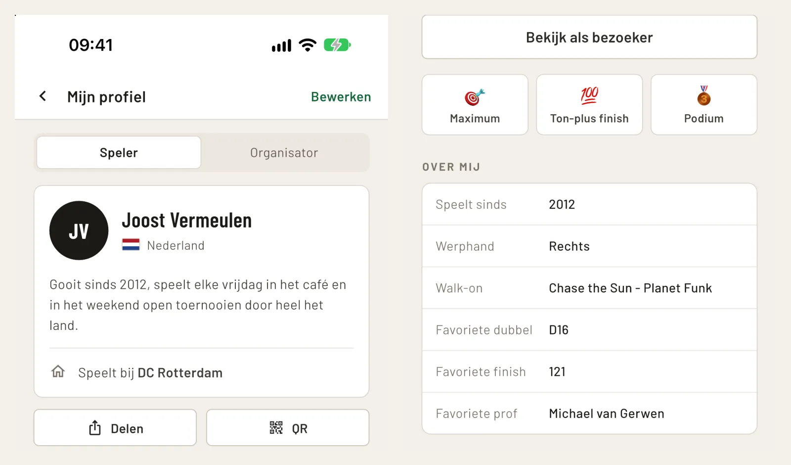 Het voorbeeldprofiel van Joost Vermeulen in de app, met de knoppen Delen en QR, badges en het blok Over mij